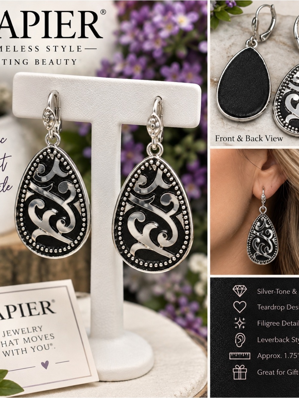 Napier Black & Silver Filigree Teardrop Dangle Earrings